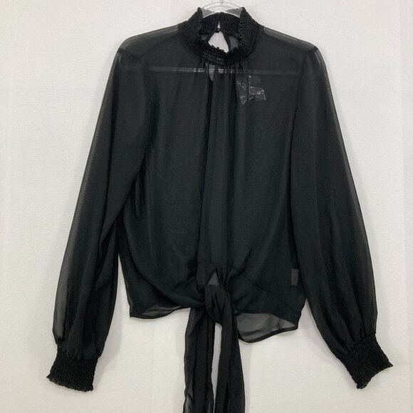 New Express Medium Black Sheer High Neck Tie Front Long Sleeve Top Romantic - Picture 1 of 11